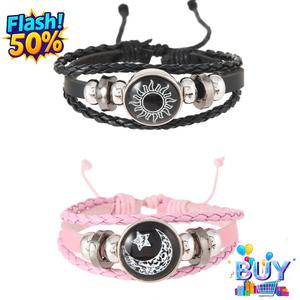 สร้อยข้อมือหนังทอมือ, ดีไซน์คนรักดวงอาทิตย์และดวงจันทร์, สไตล์วินเทจ, ลูกปัดหลายชั้น, สร้อยข้อมือคู่, สำหรับผู้หญิง, ราคาไม่แพง, ความรู้สึกหรูหรา, สต็อกพร้อม, ขายร้อน, สไตล์ใหม่, 2025