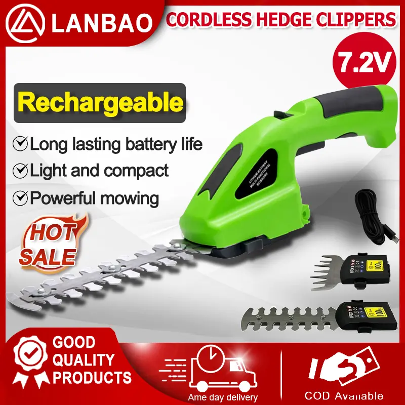 7.2V Cordless Hedge Trimmer 2 in 1 Rechargeable Grass Trimmer Grass Shear Wireless Electric Hedge Trimmer Home Small Cordless Garden Shear Garden Tools Electric Shrub Trimmer