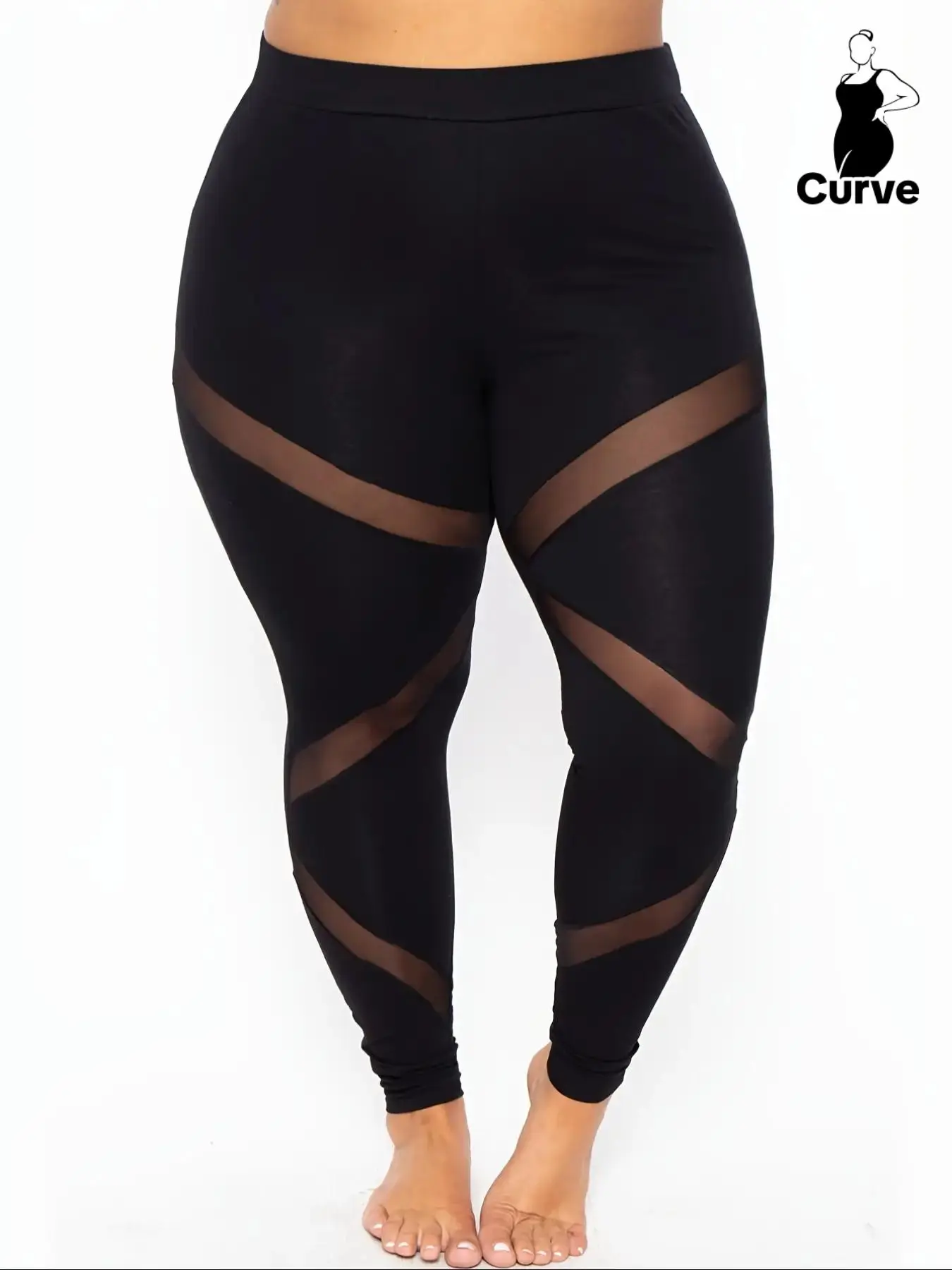 Plus Size Contrast Mesh High Waist Skinny Pants, Casual Comfy Tight High Rise Leggings for Daily Wear, Women's Bottoms for Summer Spring Fall Valentine's Day, gift