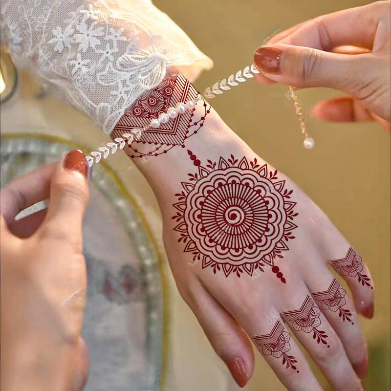 Maroon Brown Henna Tattoo Stickers for Women Waterproof Temporary Tattoos  for Hand Flower Fake Tattoo for Wedding Festival Body Art Tattoo 4