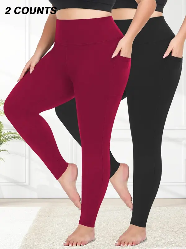 【Plus Size】 Solid High Waist Pocket Leggings, Casual Comfy Breathable Skinny Pants for Daily Wear, Women's Bottoms for All Seasons 1
