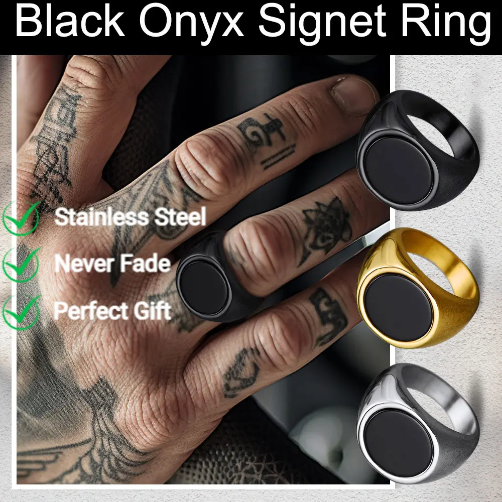 FaithHeart Round Black Onyx Signet Ring for Unisex Stainless Steel Springtok