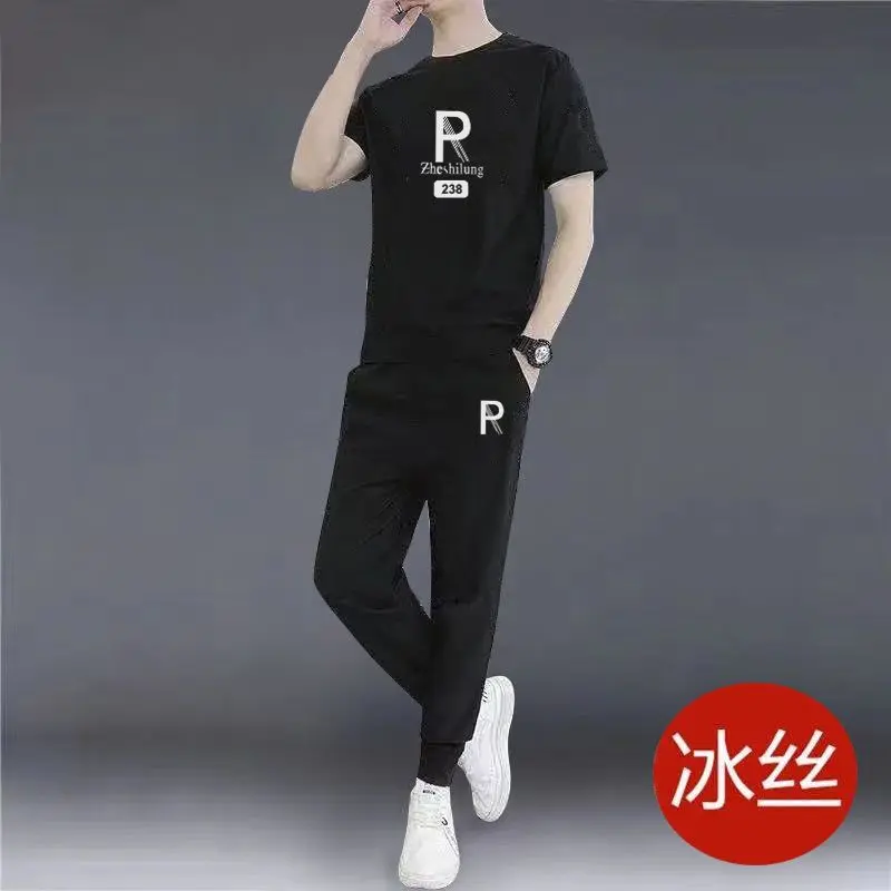 Bộ Đồ Quần Áo Thể Thao Thường Ngày Dành Cho Nam Giới, Mùa Hè Mỏng, Áo Phông Ngắn Tay Áo, Thời Trang, Phù Hợp, Chất Liệu Lụa Lạnh Hợp Xu hướng Nhanh Khô, Bộ Đồ Hai Mảnh 1