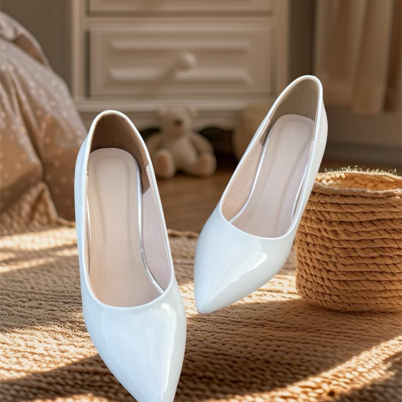 Giày Nữ Da Bóng Mũi Nhọn Cổ Tròn 2 Màu Trắng Kem Gót vuông Cao 3,5,7,9 Phân Đế Cao PU Shoes 0