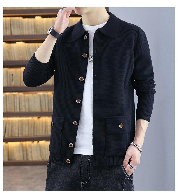 Product Introduction of Spring and Autumn Lapel Knitted Cardigan Men's Coat Trendy Casual Belt Button Solid Color Outerwear Sweater Men's Line Clothes Nam 29