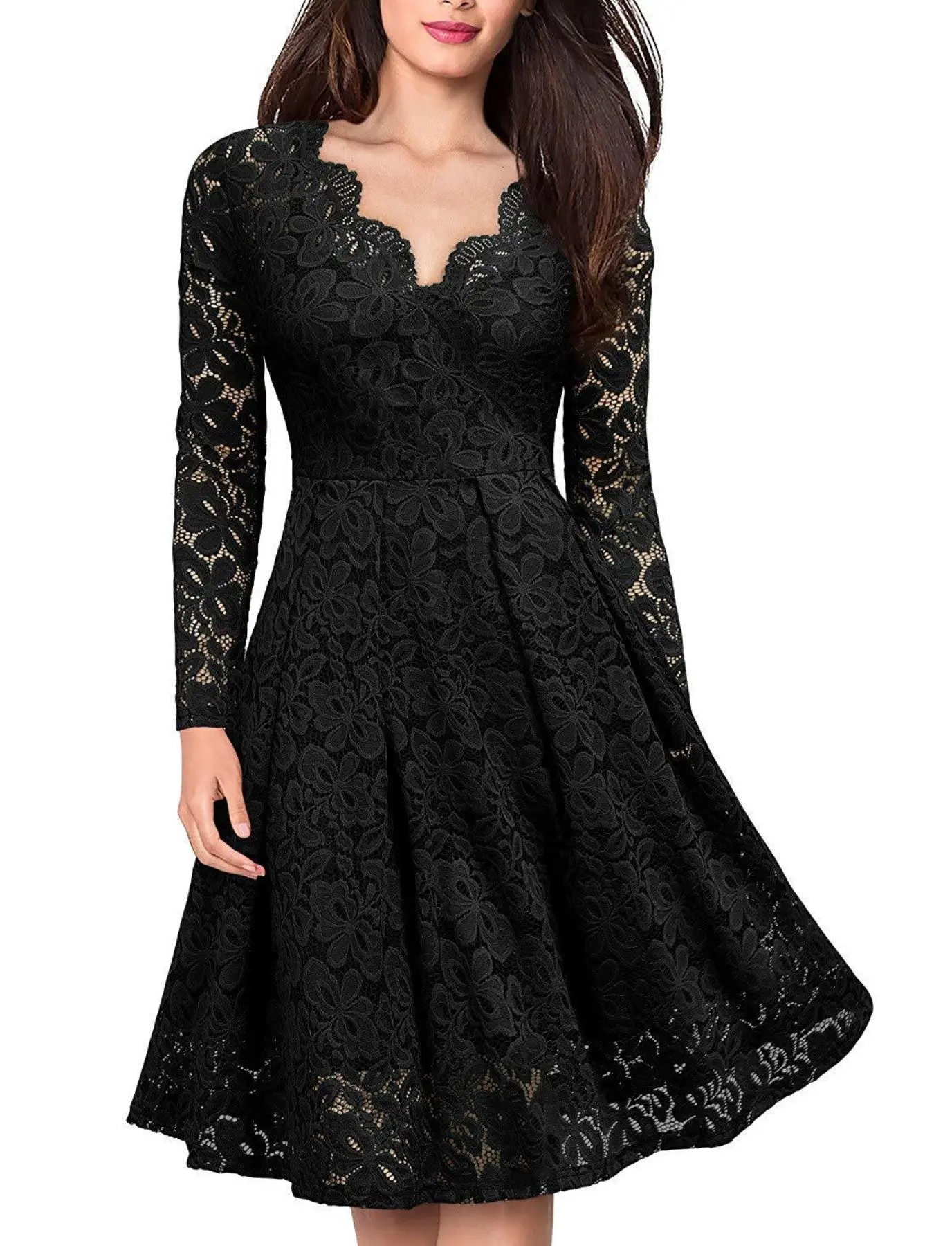 Women's Contrast Lace Sheer V Neck A Line Dress, Elegant Long Sleeve Knee Length Dress for Party Holiday Wedding Guest, Ladies Clothes for All Seasons
