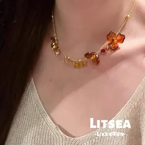 【Litsea】Kalung Bunga Warna Amber Bening Bergradasi Lincah Halus Cerah Menarik X299