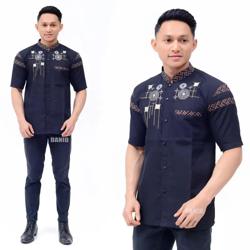 Kemeja koko lengan pendek pria dewasa motif kombinasi bordir bahan katun 4