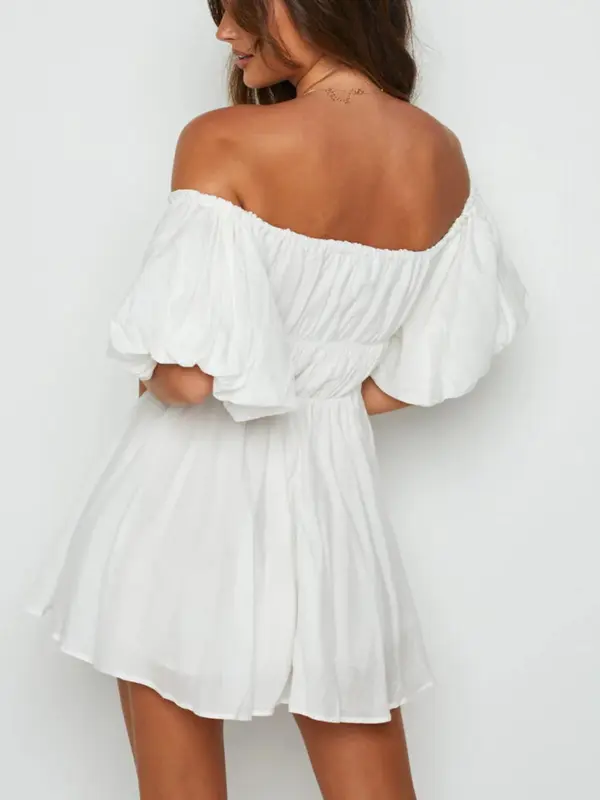 Women's Plain Bubble Sleeve Dress, Elegant Off Shoulder Short Dress for Party Holiday Wedding Guest, Ladies Clothes for All Seasons 1