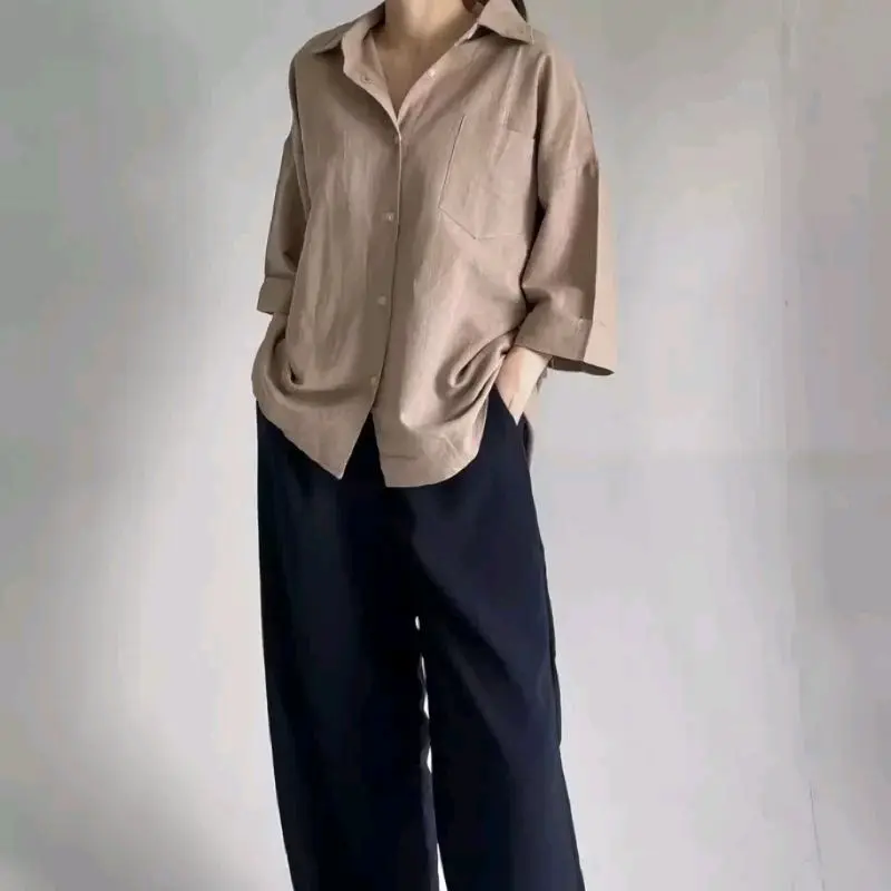 M-Jon Olivia Shirt Kemeja Linen Oversize Lengan 3/4 Polos Wanita 4