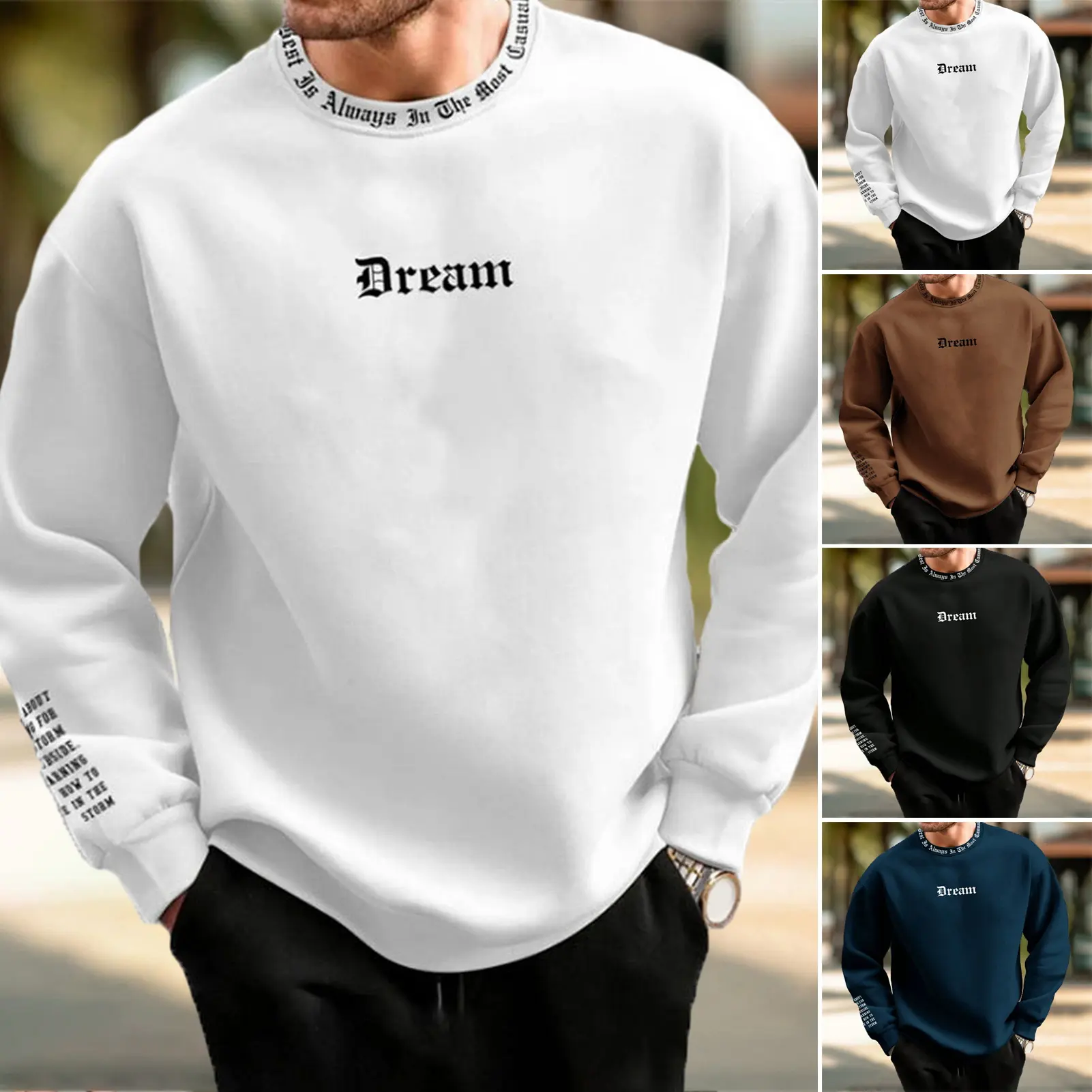 Qikbjgs Men Fall Winter Sweatshirt Round Neck Long Sleeve Letter Print Long Sleeve Thick Loose Soft Warm Mid Length Men Casual Top