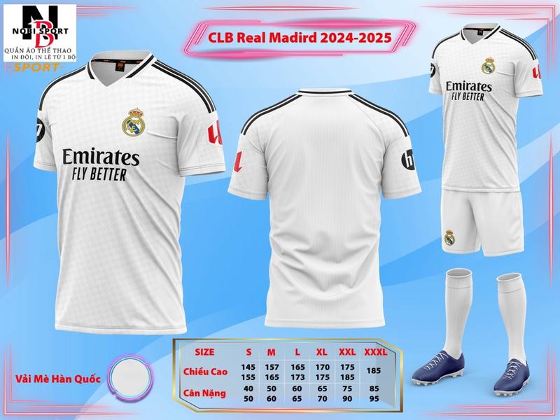 Bộ Đồ Thể Thao CLB REAL MADRID 2025 [Có in Tên Số Theo Yêu Cầu] sân nhà MỚI - vãi MÈ HÀN HD Cao Cấp - Áo Trắng/Quần Trắng 2025 - NOBI SPORT - Áo Bóng Đá/Đồ Đá Banh - Nam Nữ Unisex - Thoáng Mát Unisex RÊ AN MA RÍT Trang Phục TOP SPORT Thun Chạy Bộ