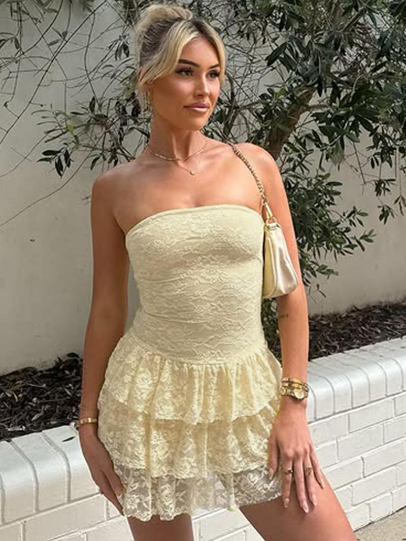 Product Introduction of Women's Tiered Layer Floral Lace Tube Dress, Elegant Strapless Short Dress for Party Club Dating Wear, Ladies Summer Clothes 7