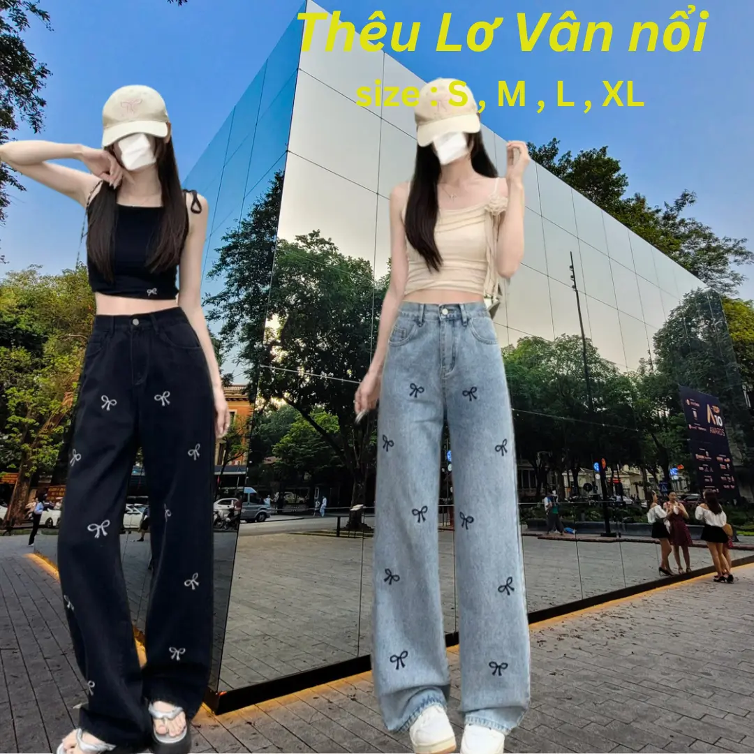 Quần xuông ống rộng jean nữ thêu nơ toàn thân lưng cao cạp cao qua V2 HOTTREN Pants Women