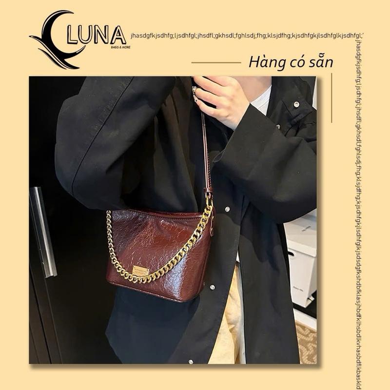 Túi xách LUNA STORE da mềm dáng bucket phối dây xích vàng size 25cm đeo vai, đeo chéo đi chơi