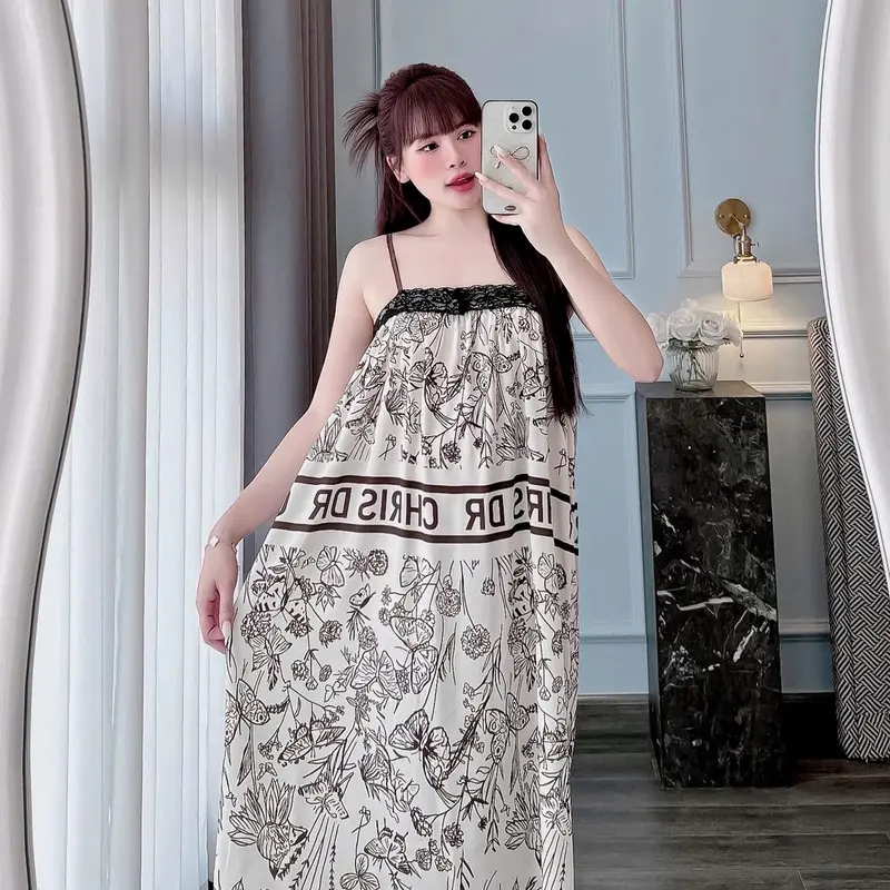 (TẶNG QUẦN)Đầm Ngủ 2 Dây Phối Ren Lụa Latin Tơ Tằm Size 40kg Đến 65kg 4