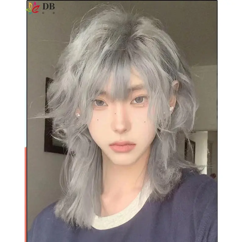Wig Gaya Jepang Gaya Uniseks Kepala Mullet Musim Panas Gaya Kekanak-kanakan Kepala Samurai Pria Shota Ekor Serigala Gaya Tutup Kepala Penuh