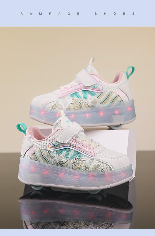Product Introduction of Girls' Shoes 2024 New Children's Breathable Mesh Surface Sneaker Girls the Skating Shoes Medium and Big Children Boys Pulley with Lights Trendy Heelys 15