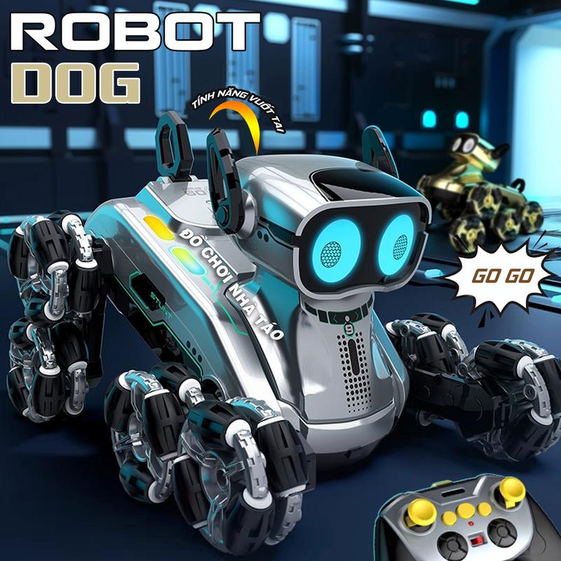 Đồ chơi chú chó Robot 8 bánh hiệu ứng vuốt tai kêu, điều khiển từ xa, biểu diễn kỹ năng điều khiển từ xa cao cấp sử dụng pin sạc, âm thanh, đèn led - Xe Rô bốt Điều Khiển Từ Xa 8 Bánh Toy