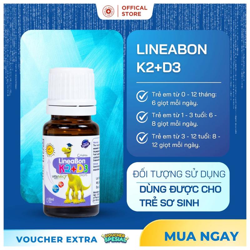 vitamin D3K2 Lineabon tinh khiết hỗ trợ hấp thu canxi dạng nhỏ giọt tiện lợi 10ml Cho Bé Men Vi Sinh 3