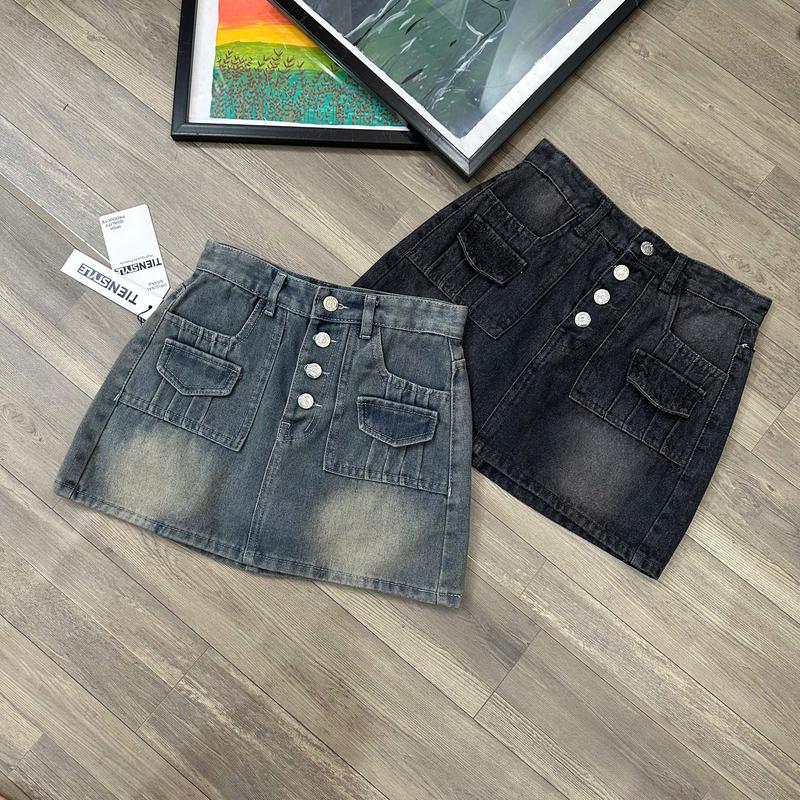 TIENSTYLE _Chân Váy Jean Nữ 4 Nút Nắp Túi Xếp Ly lót Quần Dáng Ngắn Women Vải jean QC cotton không giãn dày dặn màu Xanh Bụi Đậm Full size 40-65kg Chiều dài 32-35CM