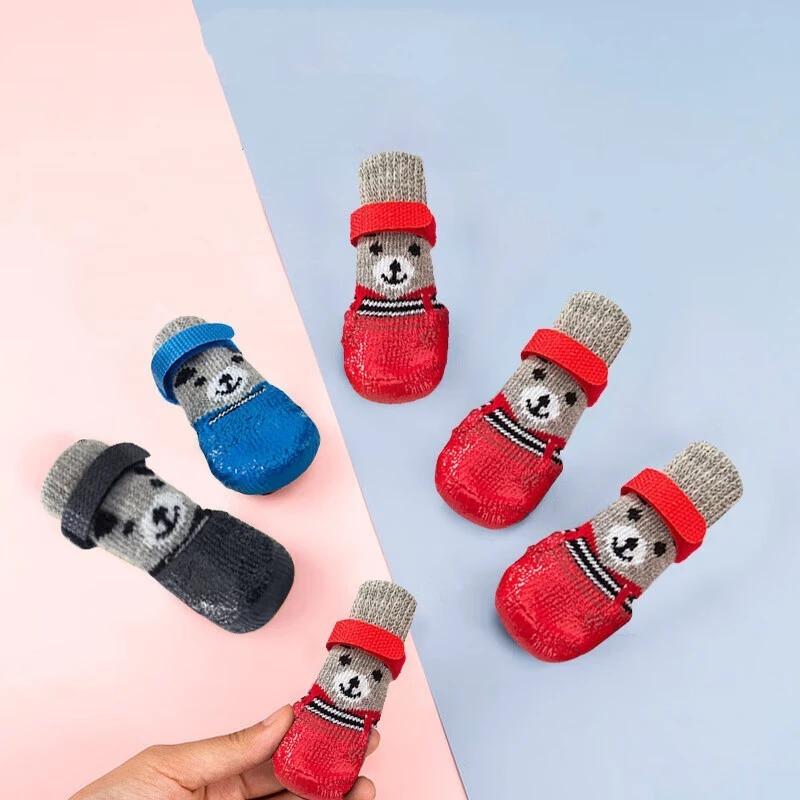 4 Pieces of Puppy Teddy Socks, Waterproof Cat Shoes, Scratch Resistant Foot Covers 4