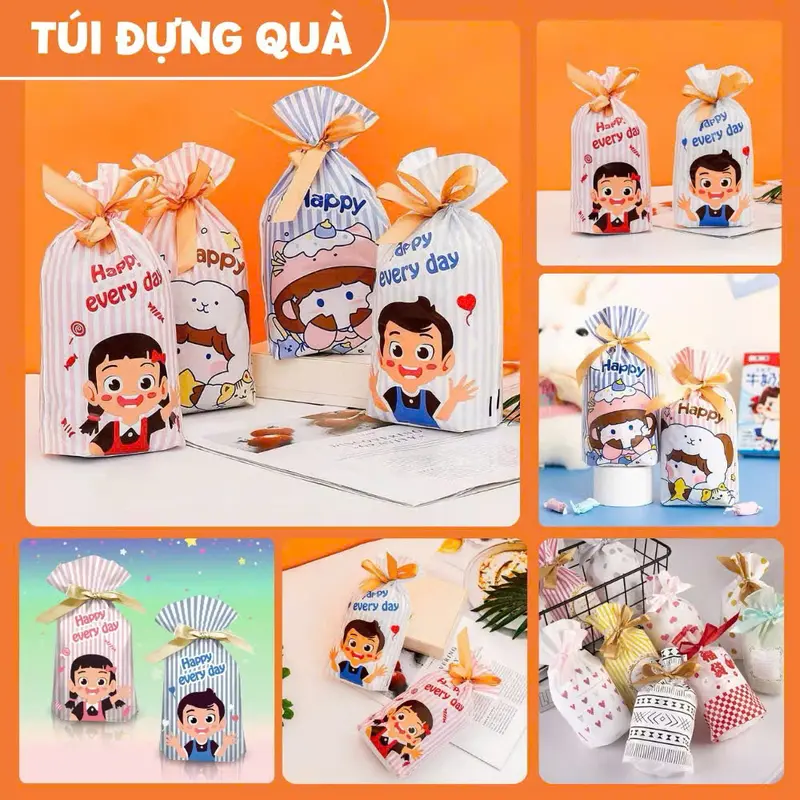 Túi đựng quà kèm nơ rút/ túi zip, túi tai thỏ chia kẹo, bánh siêu dễ thương THODECOR - Chất liệu Nilon, Nhiều màu, mẫu mã đa dạng 0