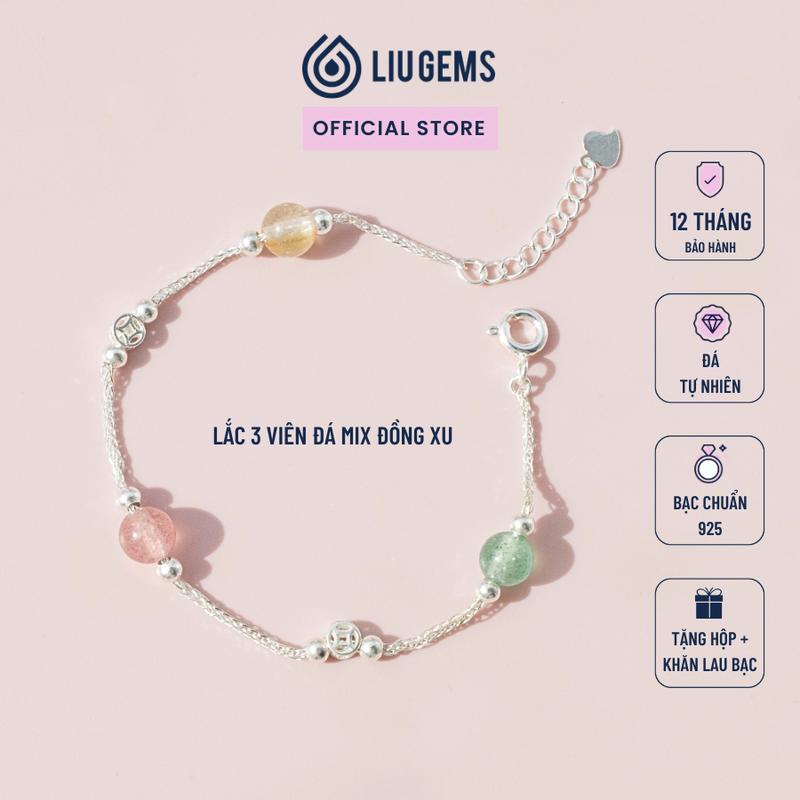 Lắc Tay Bạc 925 Nữ 3 Viên Đá Tự Nhiên Liugems Mix Charm Đồng Xu Kim Tiền Phụ Kiện Năng Động Cá Tính Thời Trang VB47 Mua một tặng một hộp đựng trang sức + một khăn lau bạc miễn phí