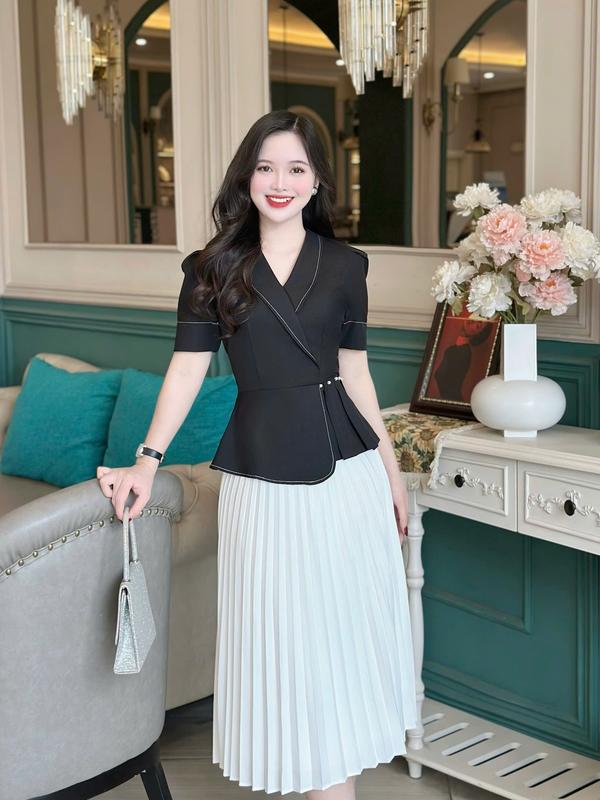 Áo peplum thiết kế Nhật Vy cổ vest tay ngắn chiết eo chất lụa công sở dự tiệc - D3210 7