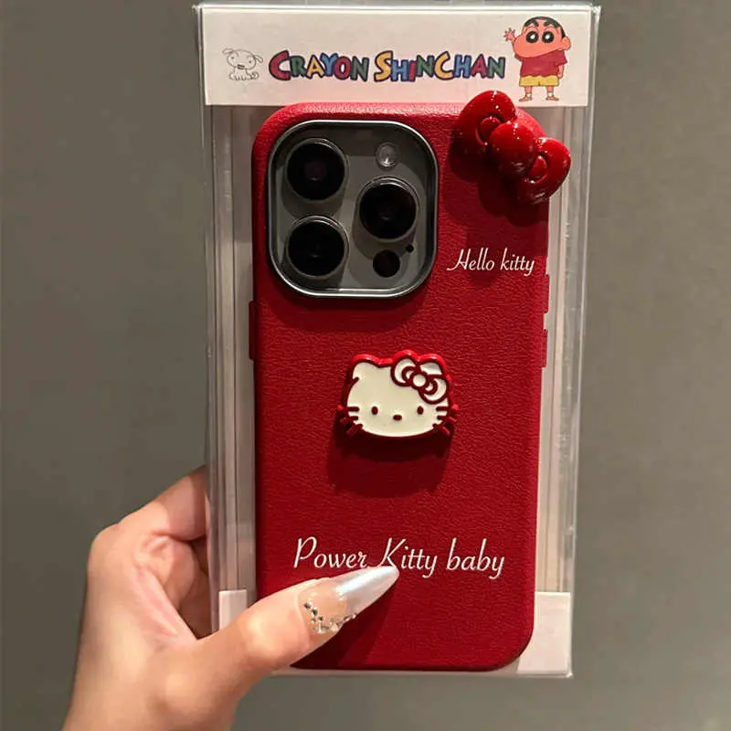 Ốp Điện Thoại HelloKitty, Da Đỏ Cổ Điển Màu Đỏ Ba Chiều, Dành Cho iPhone 16, 15, 14, 13, 12, 11, Pro Max, X, Xr, Xs Max, Chống Sốc, Ốp ốp Mềm Sáng Tạo 1