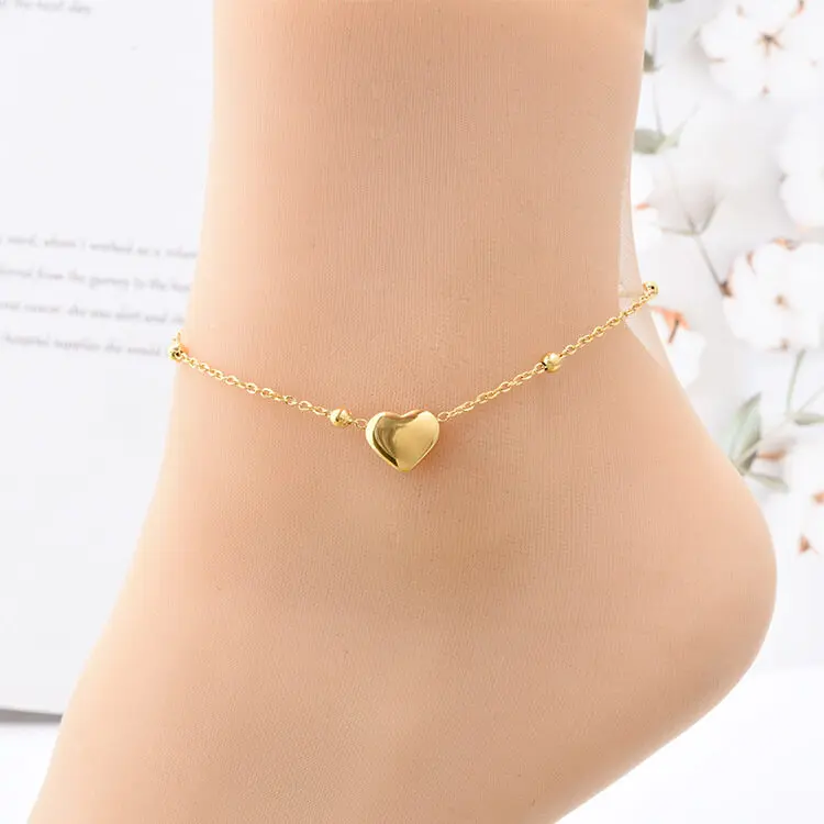 Fashion Trend Simple Stainless Steel Heart Anklets for Women Girl Bead Link Chain Love Anklets On Foot Ankle Foot Jewelry Gifts