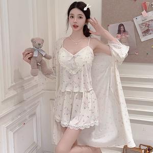 Set Baju Tidur & Seluar Pendek, Potongan Renda Bunga, Kamisol Berpad, Piyama Musim Panas Sutera Ais Penyerap Lembapan, Pakaian Tidur 3 Helai Padanan, Untuk Wanita, Sesuai untuk Santai Rumah