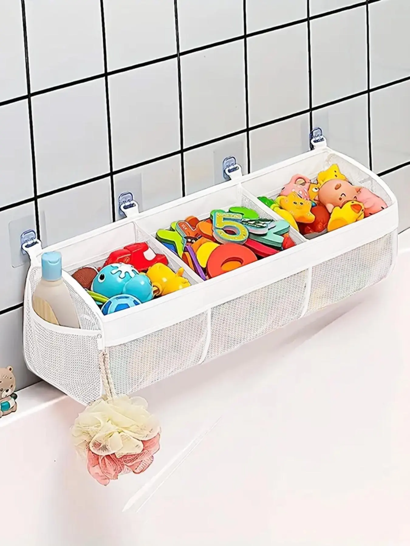 3-compartment Large Opening Baby Mesh Bathroom Toy Storage Bag, Super Large Capacity and Large Opening, Bathroom Toy Holder, Waterproof Toiletry Bag with 2 Side Pockets Organizer, Toiletry Travel Bag