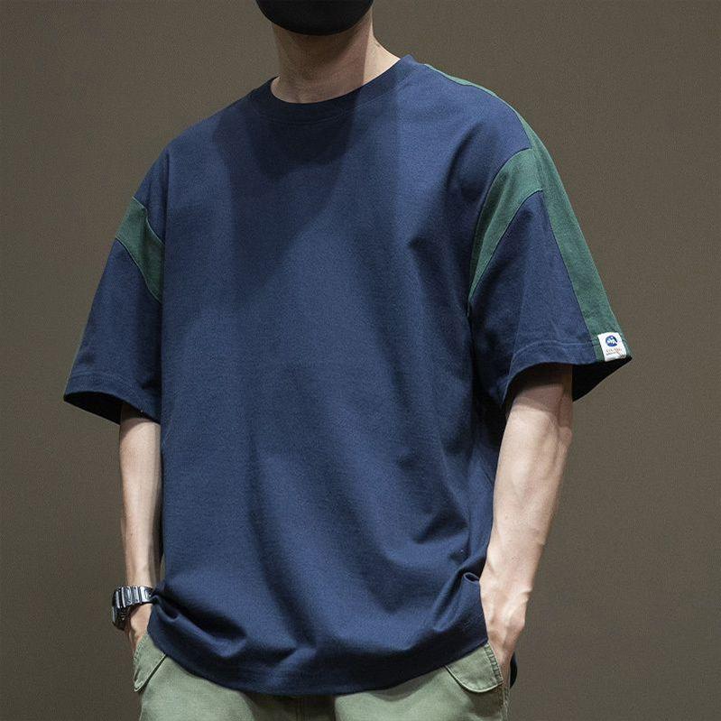 2023 New Summer Trendy Japanese Style Patchwork Color Block Regular Shoulder Short Sleeve T-Shirt Men Drop Shoulder Half Sleeve Men's Youth T-Shirt 0