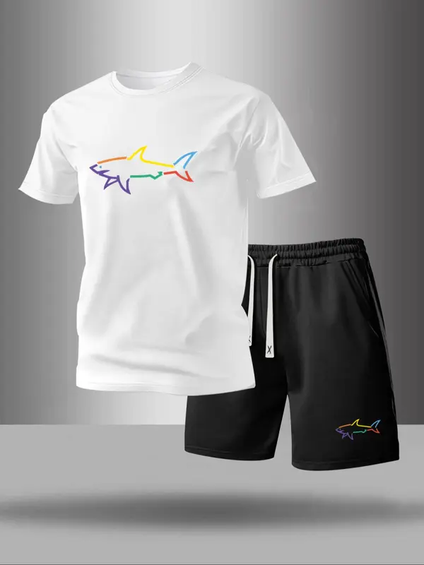 Men's Graphic Print Tee & Drawstring Waist Shorts Set, Casual Round Neck Short Sleeve T-shirt & Pocket Track Shorts, Men's Two-piece Outfits for Summer 2