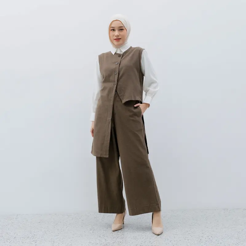 YEPPUOUTFIT - Afifa Set Raya Series | Basic Setelan Wanita Outer Asimetris Dan Kulot Panjang Linen Outfit Lebaran Cantik Kancing Karet Muslim Pendek Pink Soft Celana Casual 2