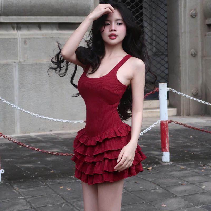 Đầm thun nữ ba lỗ 5 tầng - BYVEE STYLE đen đỏ