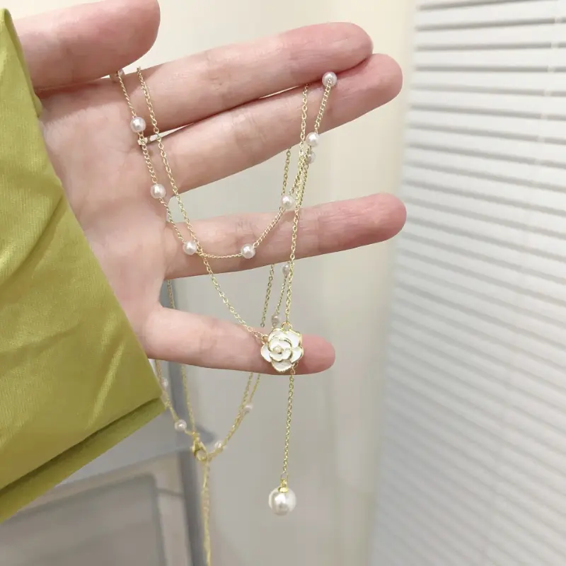 French Retro Elegant Design Camellia Fake Pearl Pendant - Classic Double Layer Necklace for Women'S Clavicle Chain Autumn/ Winter Fashion 2