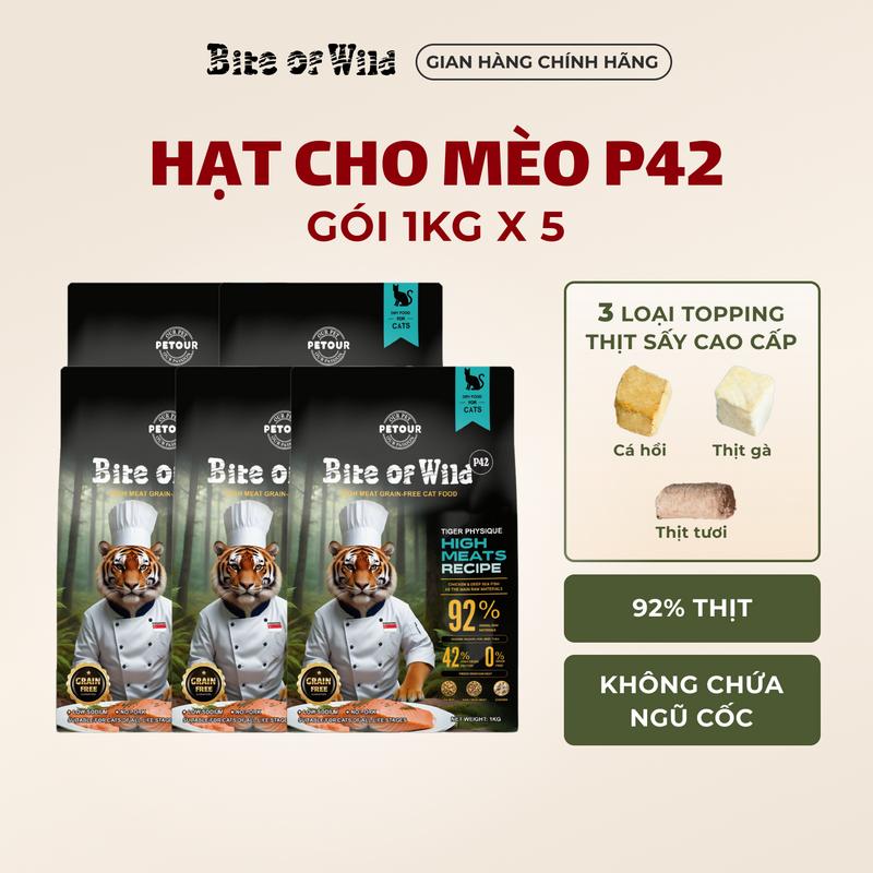 [THỨC ĂN CHO MÈO] 5 Túi hạt cao cấp 1kg KHÔNG CHỨA NGŨ CỐC, có viên sấy khô cá hồi/ thịt tươi/ thịt gà dành cho mèo