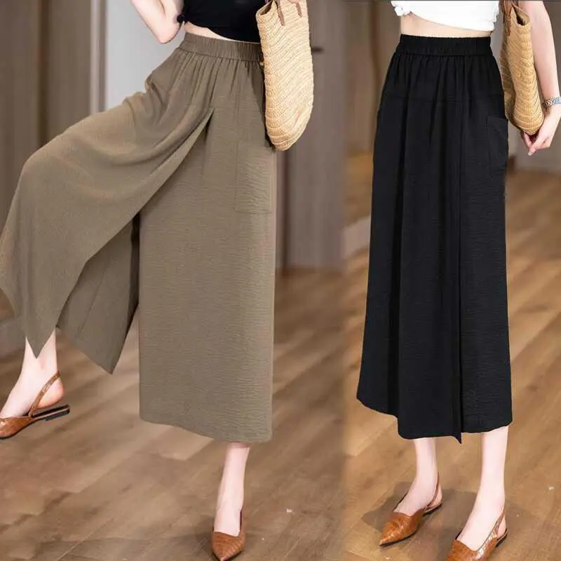 Cotton Hemp Wide Leg Pants For Women High Waist Loose Split Trousers Dress Womenswear