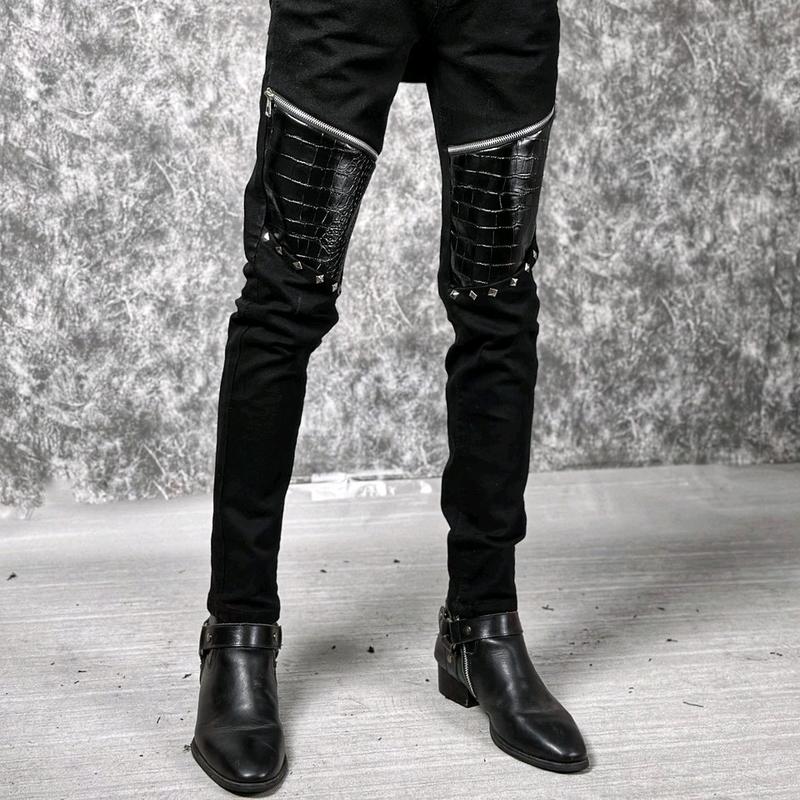 Quần Jeans Skinny 2 zip da rắn phối đinh Menswear Nam