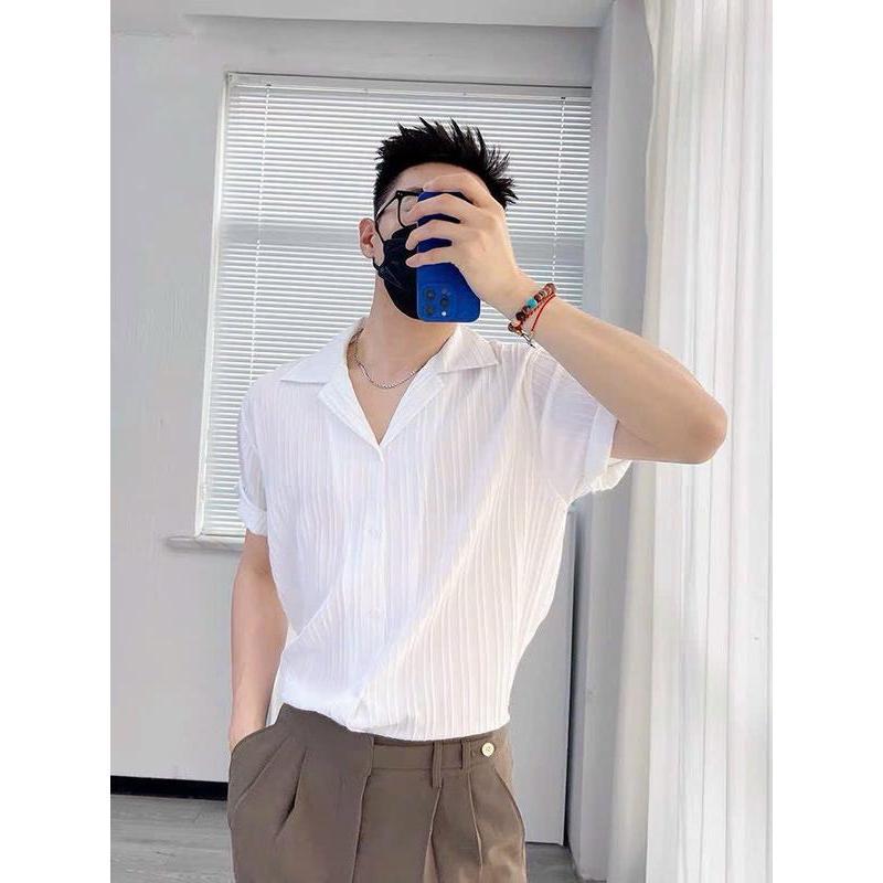 Áo sơ mi nam nữ tay ngắn Lụa Xốp trẻ trung Hot trend thời trang Unisex 17.Seventeen Menswear Cổ Tròn 0