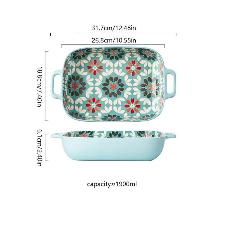 Floral Pattern Rectangular Baking Dish, 1 Count Double Handle Baking Pan, Baking Tray, Kitchenware for Home Use, Housewarming Gift 4