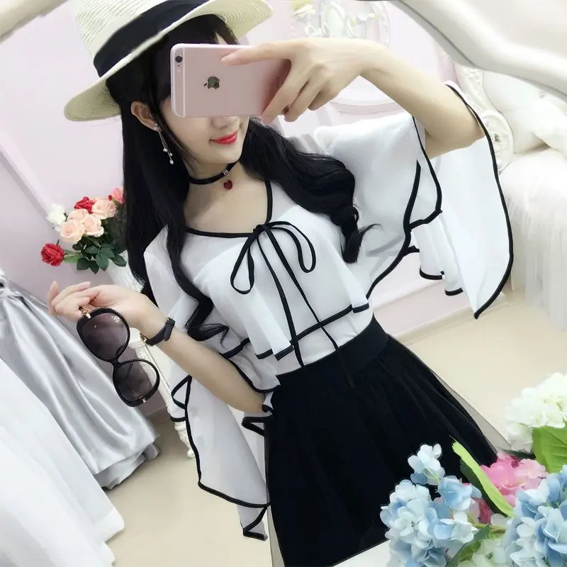 Áo Cánh Voan, Trang Trí Màu Trắng Và Đen, Tay Áo Xếp Ly, Áo Thun Nữ, Thích Hợp Cho Mùa Xuân Và Mùa Hè, Phong Cách Hàn Quốc, Tươi Mới Và Thanh Lịch, Dành Cho Nữ Sinh
