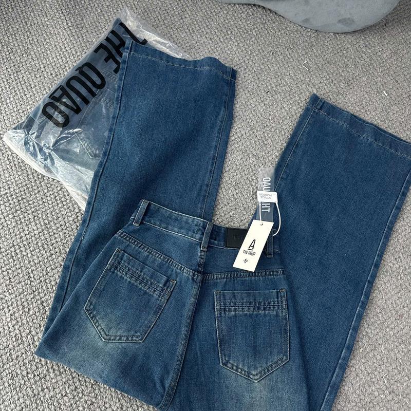 THE QUAO - Quần Jean Nữ Lưng Cao Ống Rộng 27CM Túi Kiểu Màu Xanh Đậm phủ Bụi nhẹ S0402_600 Women Pants Denim