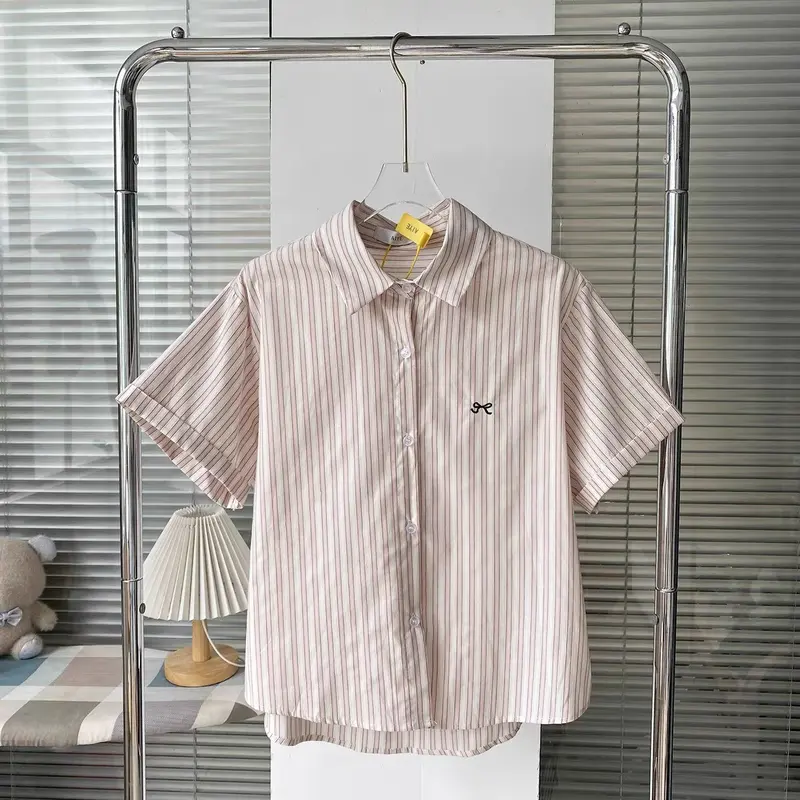 áo sơ mi kẻ sọc nữ cộc tay thêu nơ thanhuyen clothing , áo sơ mi nữ cộc tay thêu nơ kiểu dáng hàn quốc (A142) 5