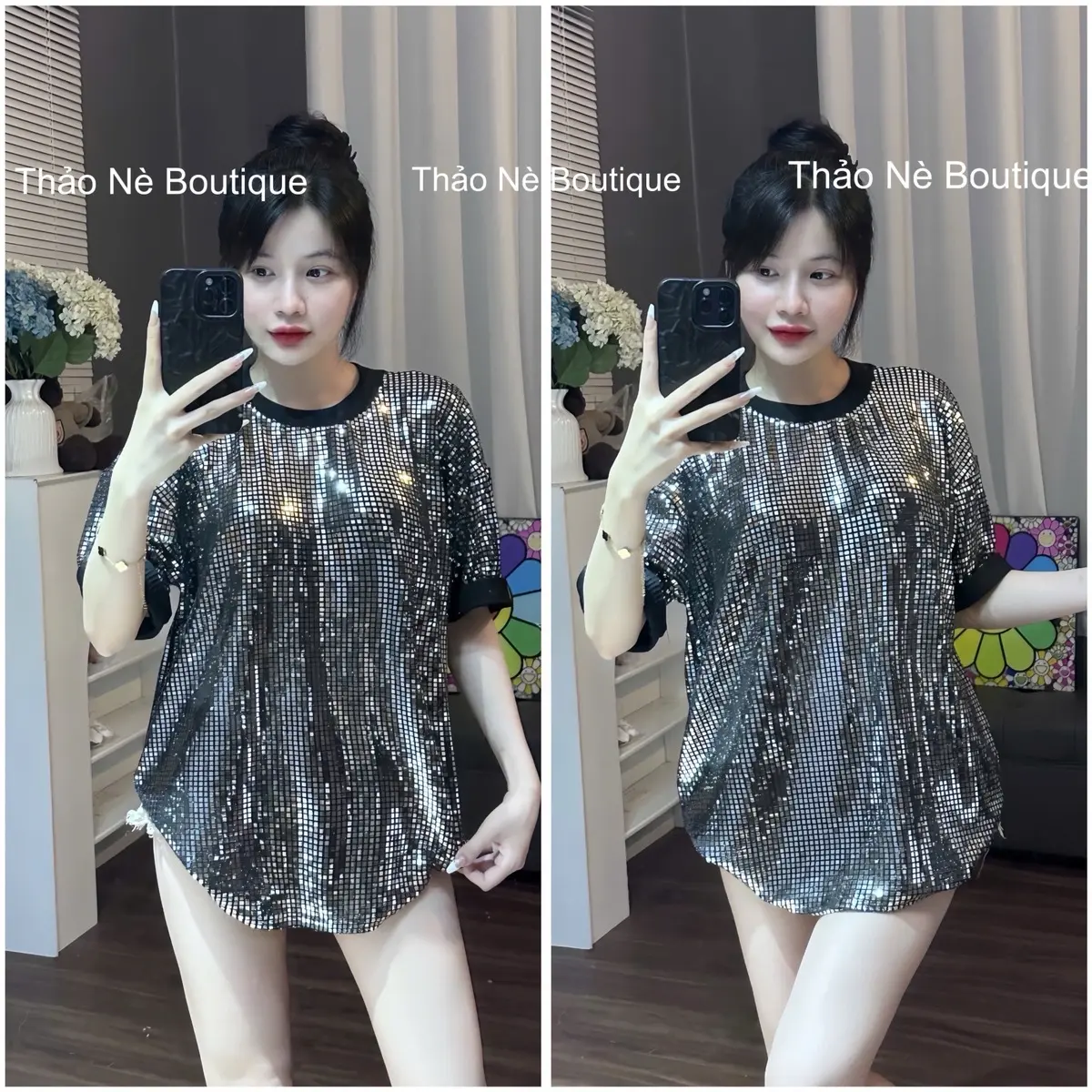 ÁO ĐÁ BLING BLING HAI LỚP NỮ FORM RỘNG