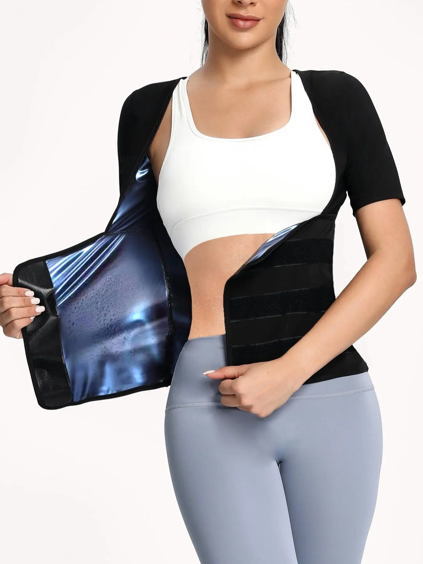 Women's Plain Velcro Waistband Sports Sauna Tee, Slim-fitting Solid Color Short Sleeve Tummy Control Sweat Body Shaper, Fitness Running Workout Gym Yoga Hiking Exercise Tops For Women