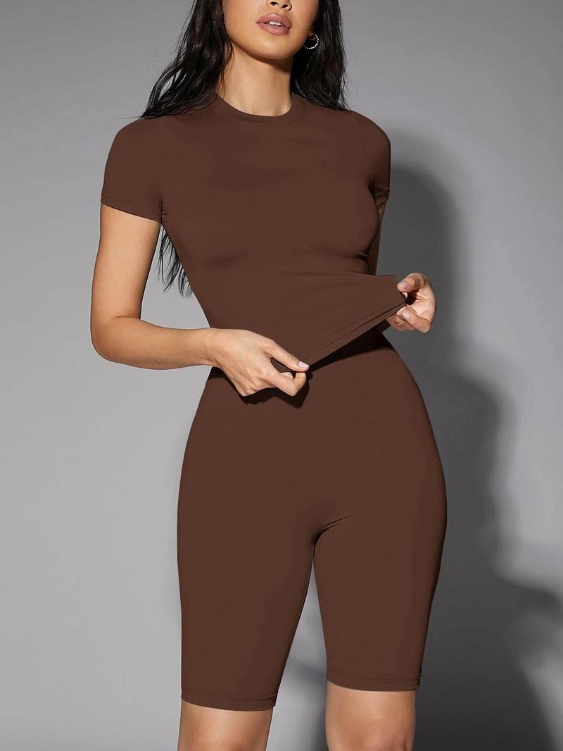 Product Introduction of Women's Solid Color Short Sleeve Tee & High Waist Skinny Shorts Set, Summer Clothes Women, Casual Round Neck T-shirt & Tight Shorts 1