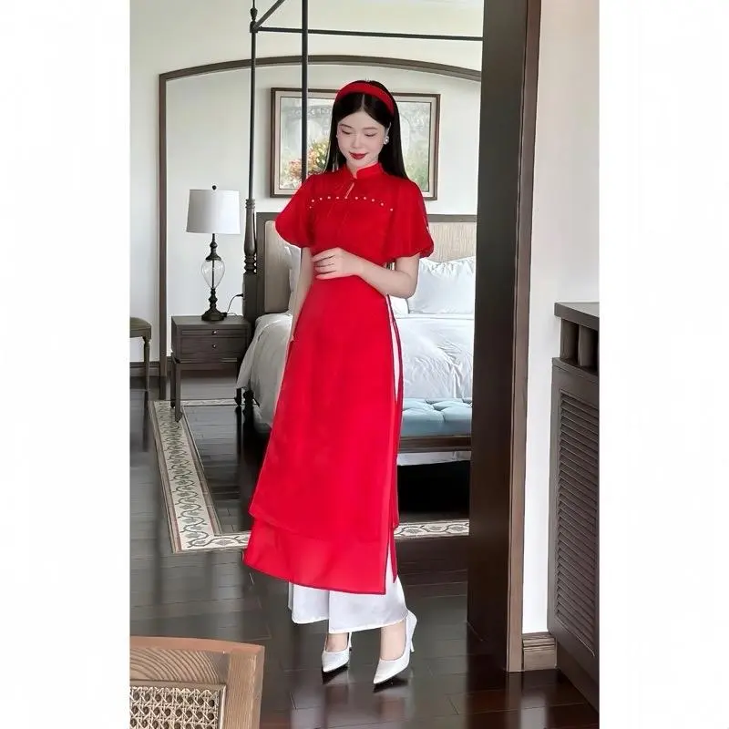Set áo dài cách tân tay bồng phong cách tiểu thư chụp ảnh kỷ yếu , set áo dài chơi xuân vui tết (kèm quần) dự tiệc, NUNU SUSU 3